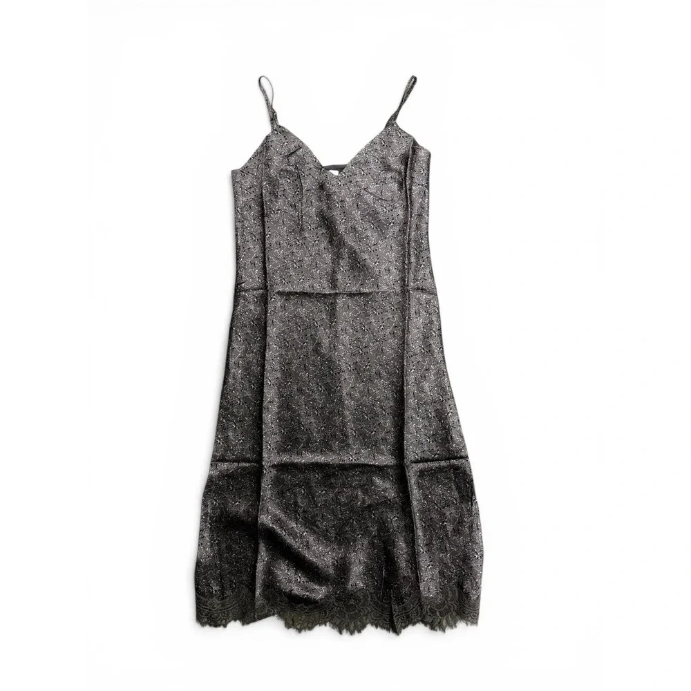 Gold Hawk Chloe Silk Slip Dress Taupe Stained Glass‎ Print Lace Hem Sz Small